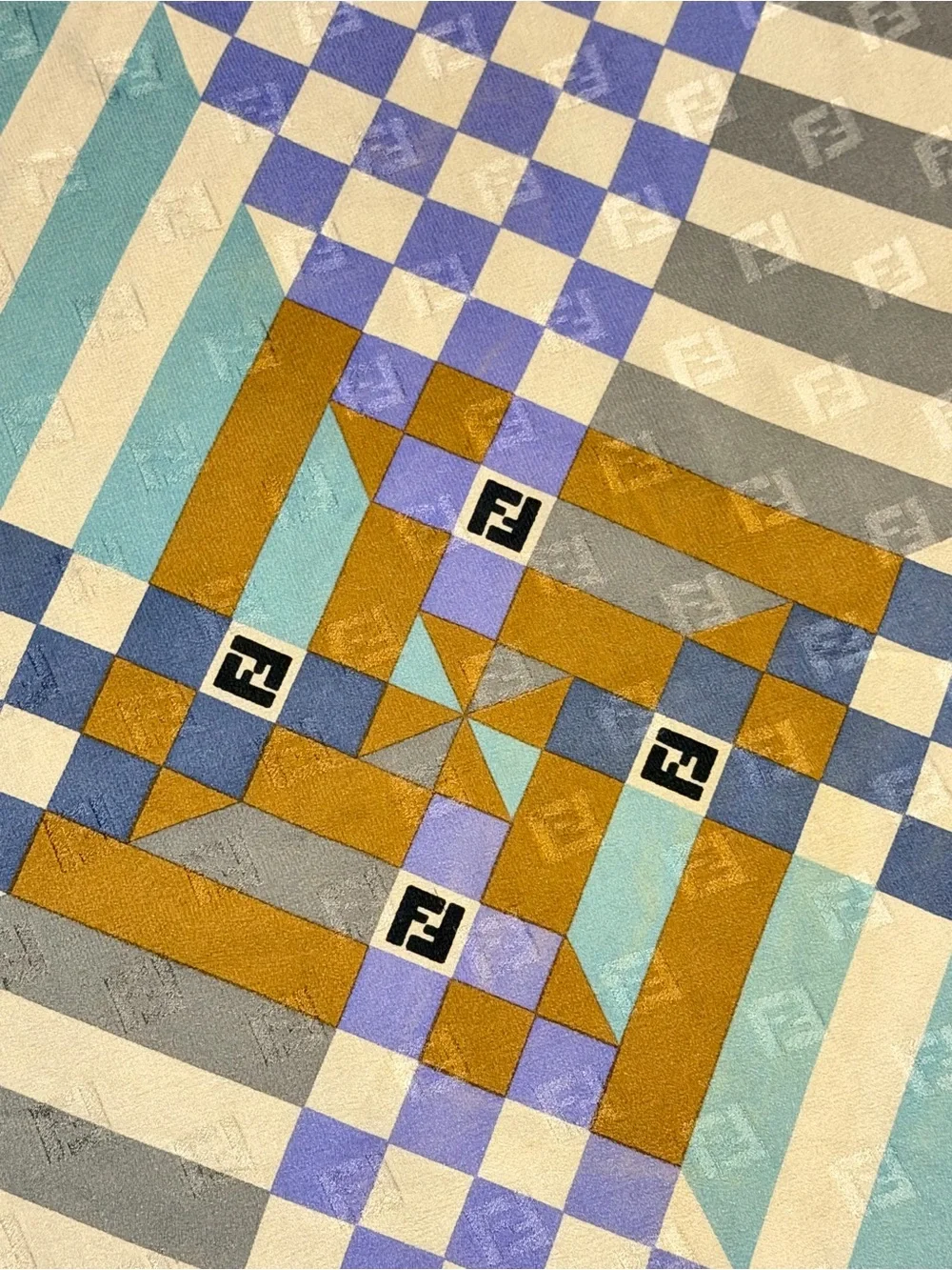 FENDI Vintage Zucca FF Logo Geometric Silk Square Scarf AUTHENTIC
